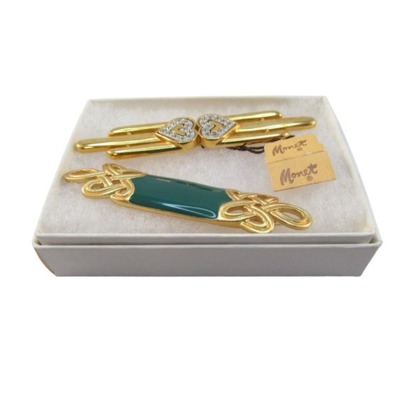 Double Heart Rhinestone Pin and Green Enamel Celtic knot Monet Brooches 2 in Lot - Picture 7 of 9